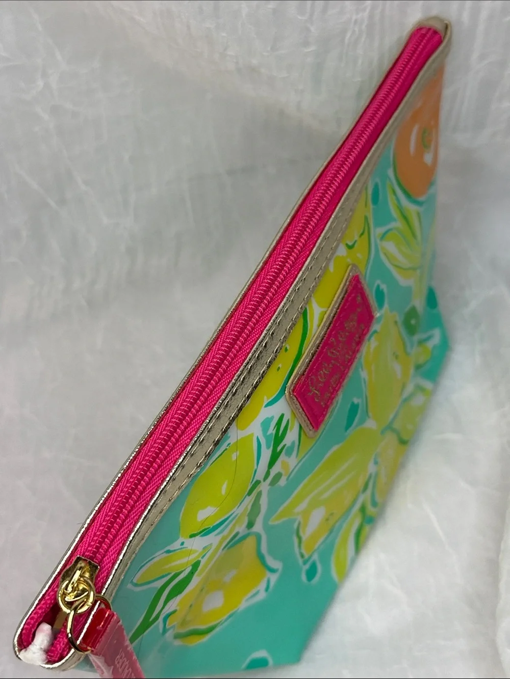 Lilly Pulitzer for Estée Lauder Aqua Lemon Print Cosmetic Pouch with Pink Trim